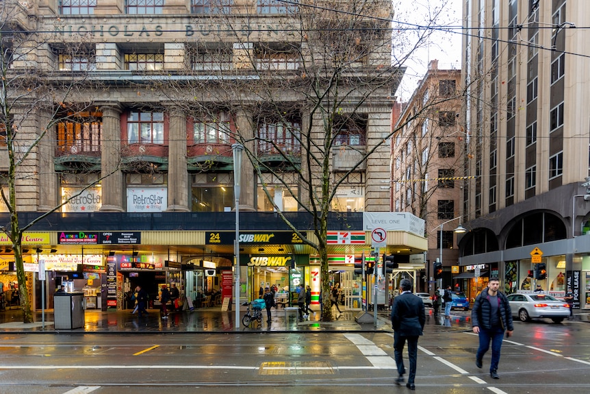 The outside of the Nicholas Building on a rainy day.