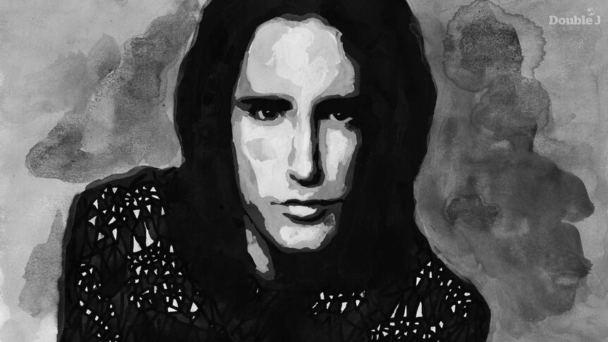 A black and white illustration of Nine Inch Nails frontman Trent Reznor
