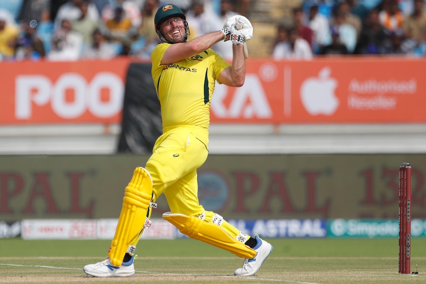 Mitchell Marsh plays a pull shot for Australia against India.