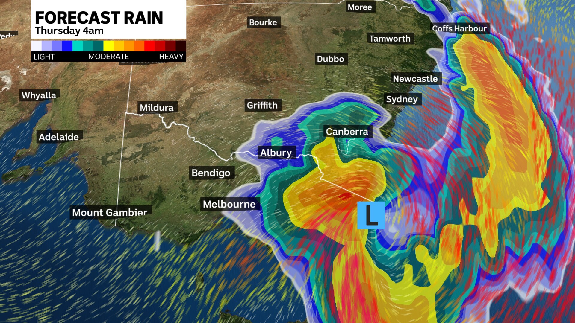 a map showing predicted rain across southeastern australia