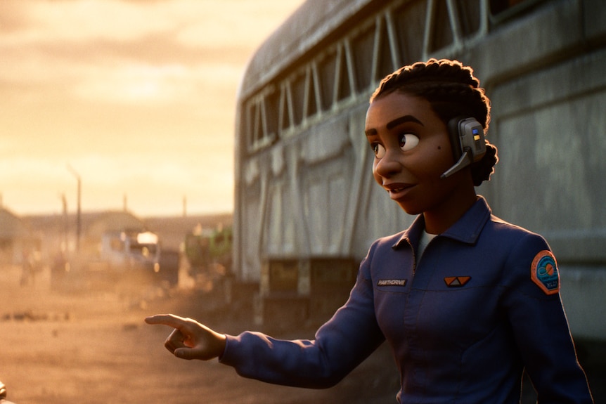 Animated white man in space suit stands in dusty landscape with animated black woman in blue boiler suit and headset.