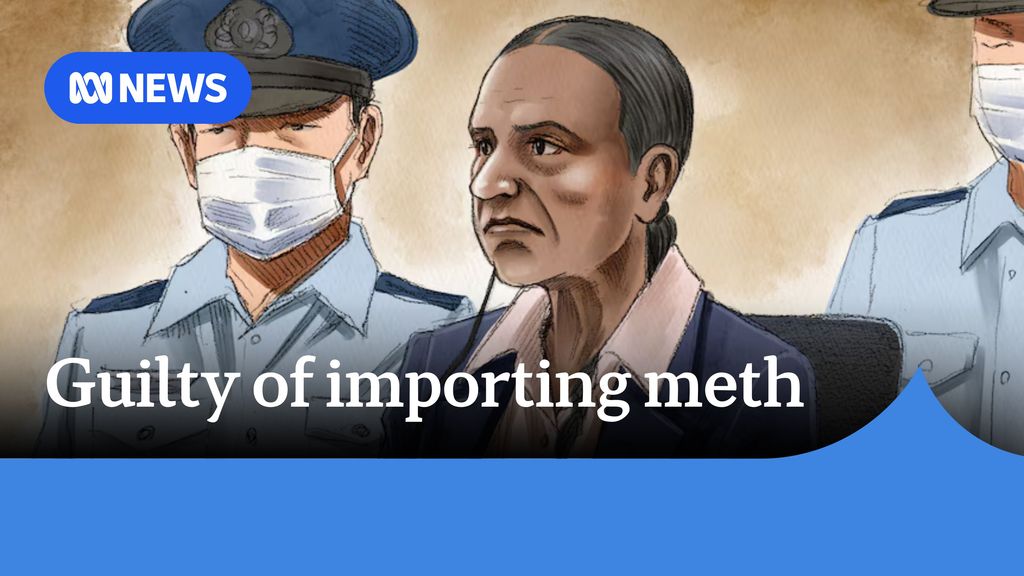 Guilty of importing meth: A courtroom sketch of a woman seated with two uniformed guards with facemasks alongside her.