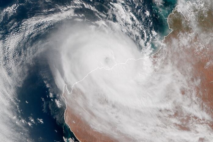 A satellite image of Cyclone Veronica approaching the Pilbara coast