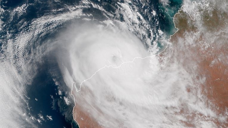 A satellite image of Cyclone Veronica approaching the Pilbara coast