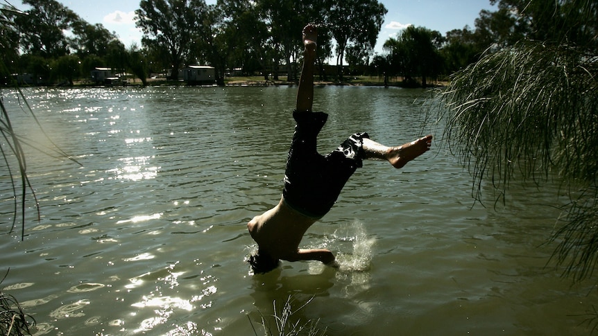 A profile of boy leaping into the waters of the Murray River