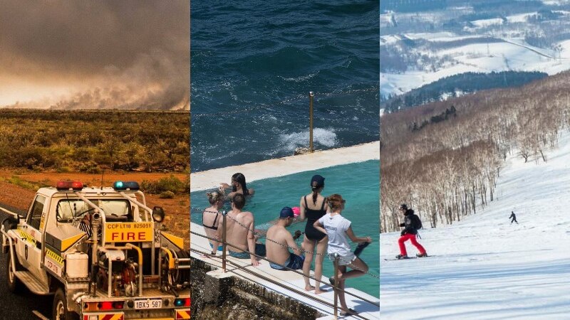 composite of fire truck for western australia fire service, people at a beach side pool in sydney and people skiing in perisher