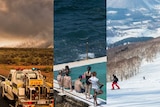 composite of fire truck for western australia fire service, people at a beach side pool in sydney and people skiing in perisher