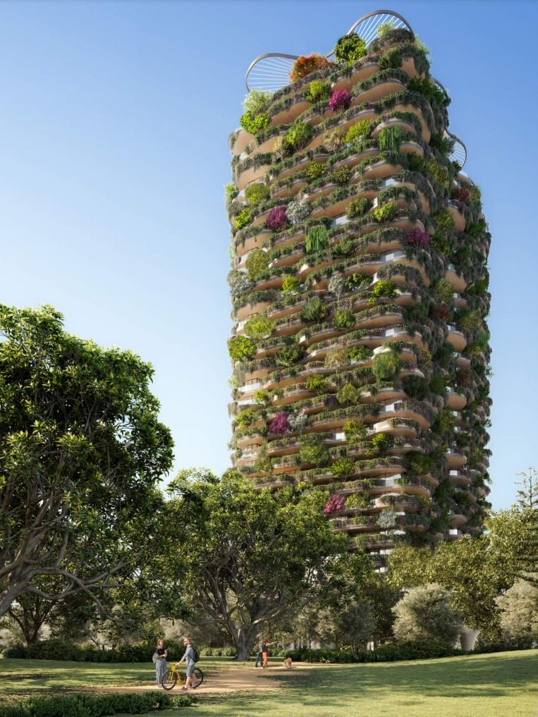 Une image conceptuelle d'une tour d'appartements couverte de verdure 