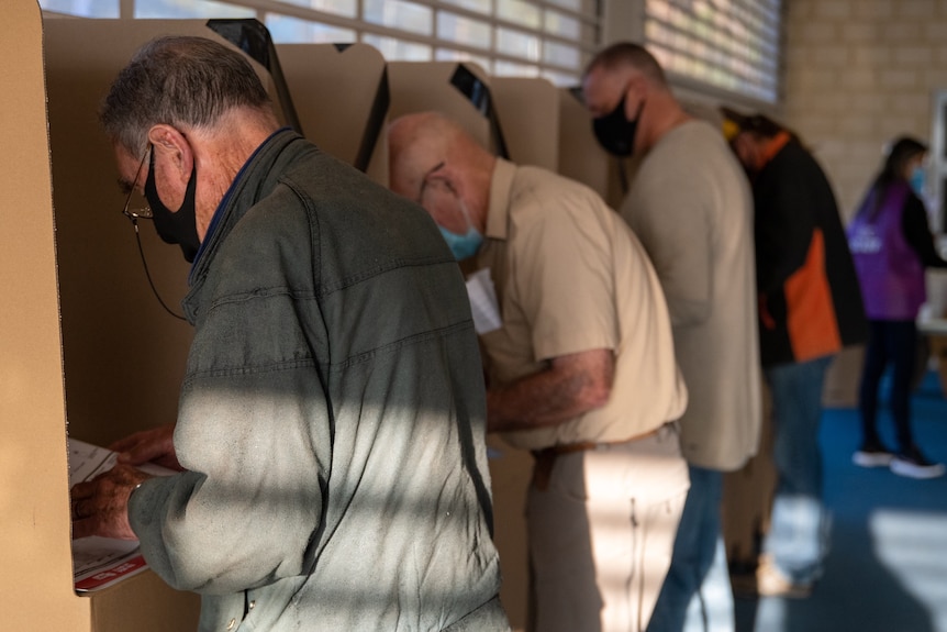  A line of men cast their vote in election booths