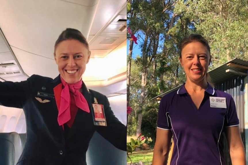 A before and after pic of a woman in different work uniforms.