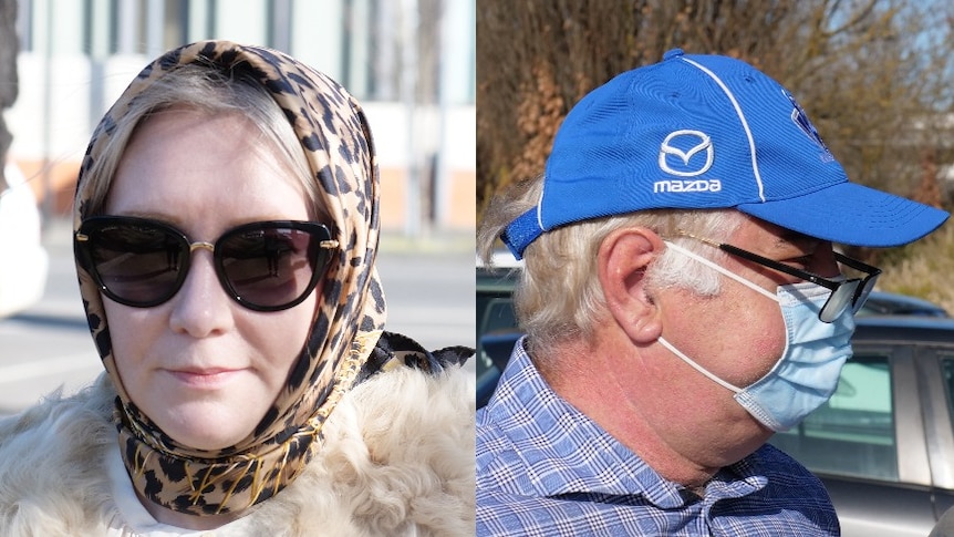 Composite image of a woman wearing sunglasses and a scarf, and a man in a cap and mask.