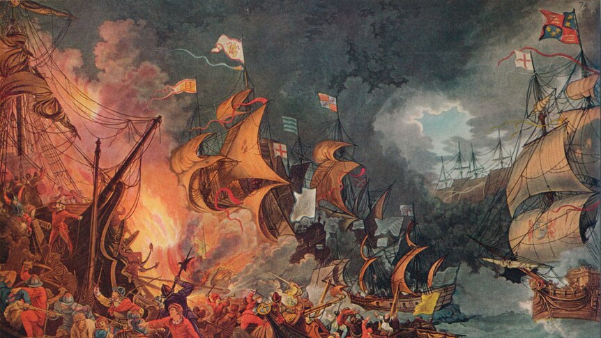 Defeat of the Spanish Armada (c. 1797) in 1588 by Charles N Robinson & Geoffrey Holme, 1924.