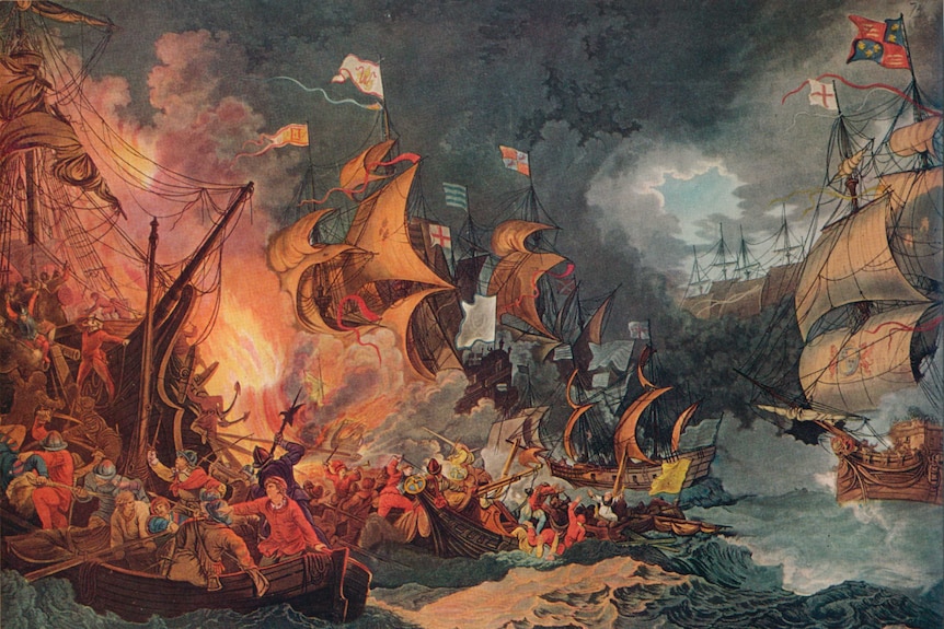 Defeat of the Spanish Armada (c. 1797) in 1588 by Charles N Robinson & Geoffrey Holme, 1924.