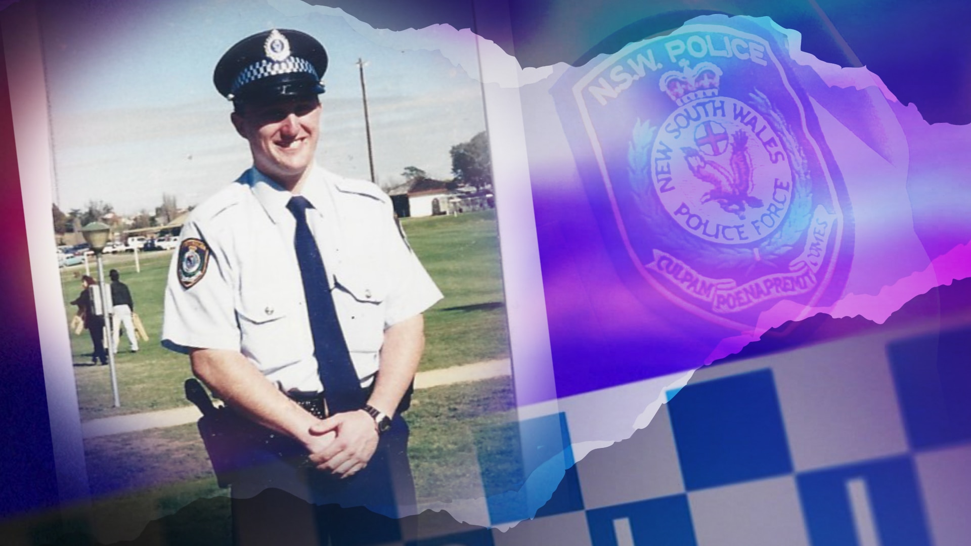A photo of Adam Watts in police uniform smiling alongside a  photo of a NSW Police logo.