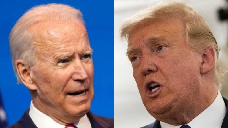 A close up of Joe Biden paired with an image of Donald Trump.