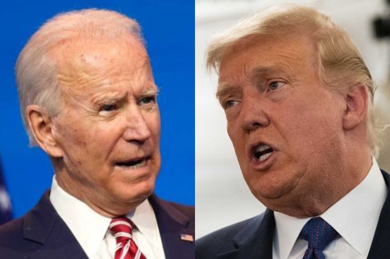 A close up of Joe Biden paired with an image of Donald Trump.