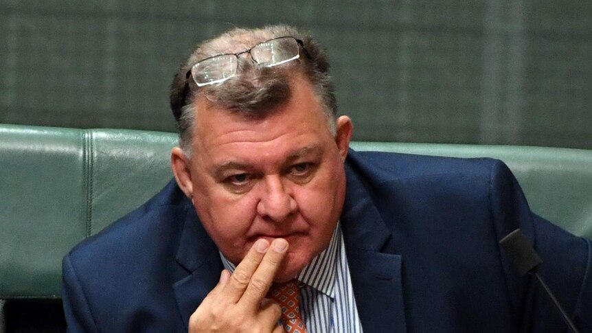 Craig Kelly leans forward in his seat in parliament, looking pensive with two fingers to his lips. His glasses sit atop his head