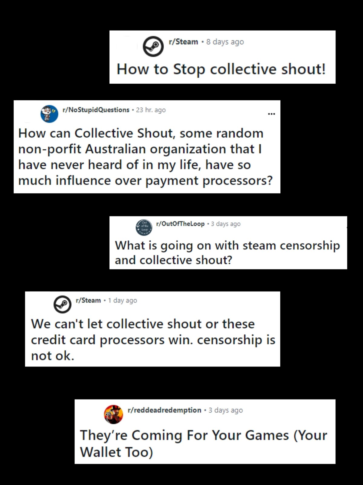Five different Reddit posts either asking what Collective Shout is, or complaining about censorship.