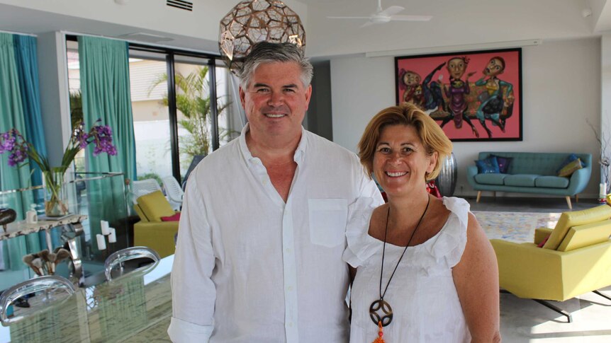 Shane and Pascaline Emms in their home at Bargara, on Bundaberg's coast.