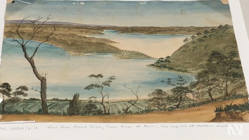 A watercolour painting with inscription "View from Mount Eliza, Swan River"