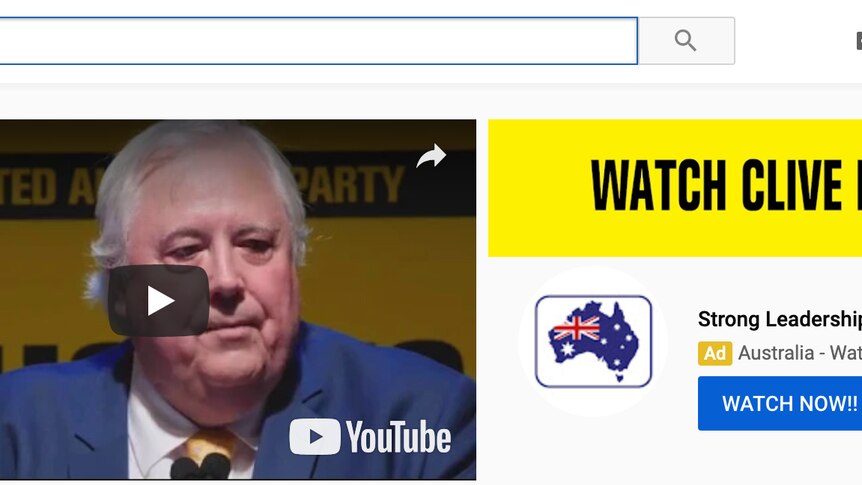 A screenshot from YouTube showing Clive Palmer's Facebook and a UAP ad.