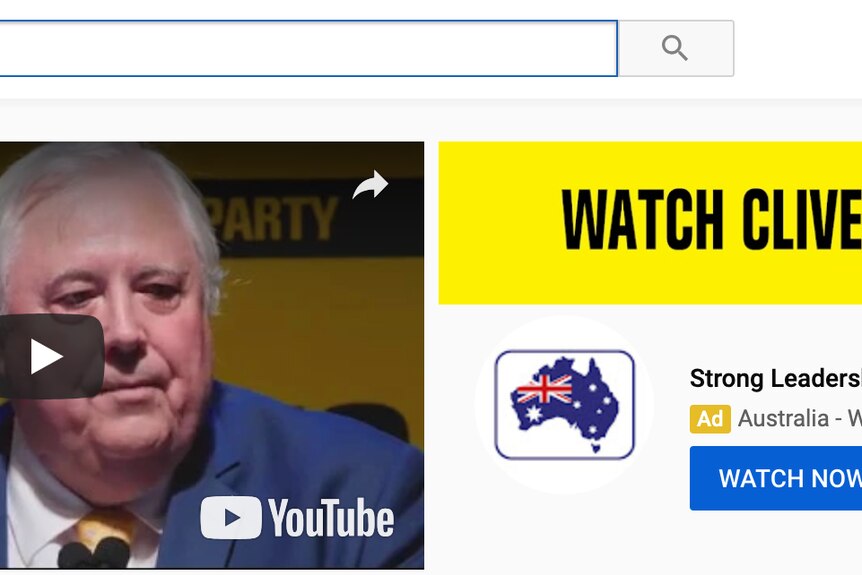 A screenshot from YouTube showing Clive Palmer's Facebook and a UAP ad.