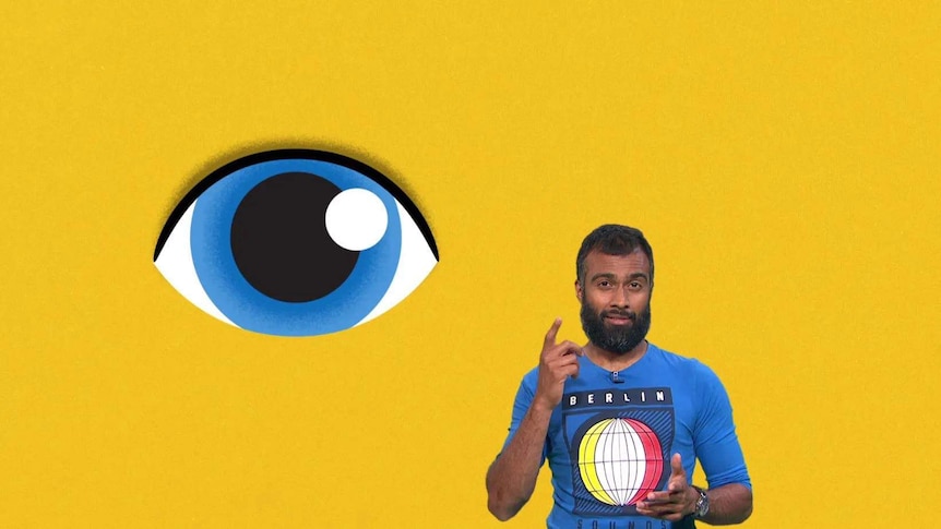 Dr Nij from the podcast 'Imagine This' with an animated eye in the background of the image.