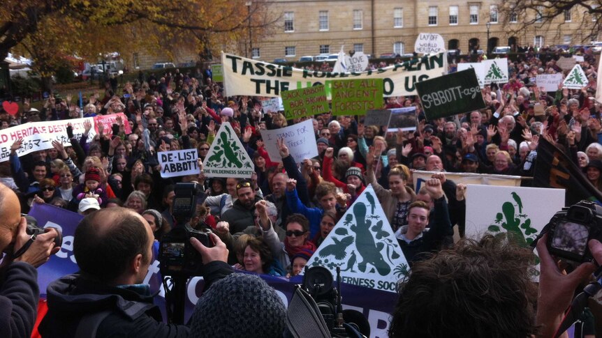 People protest against the Federal Government's application to delist Tasmanian forests outside state parliament in Hobart