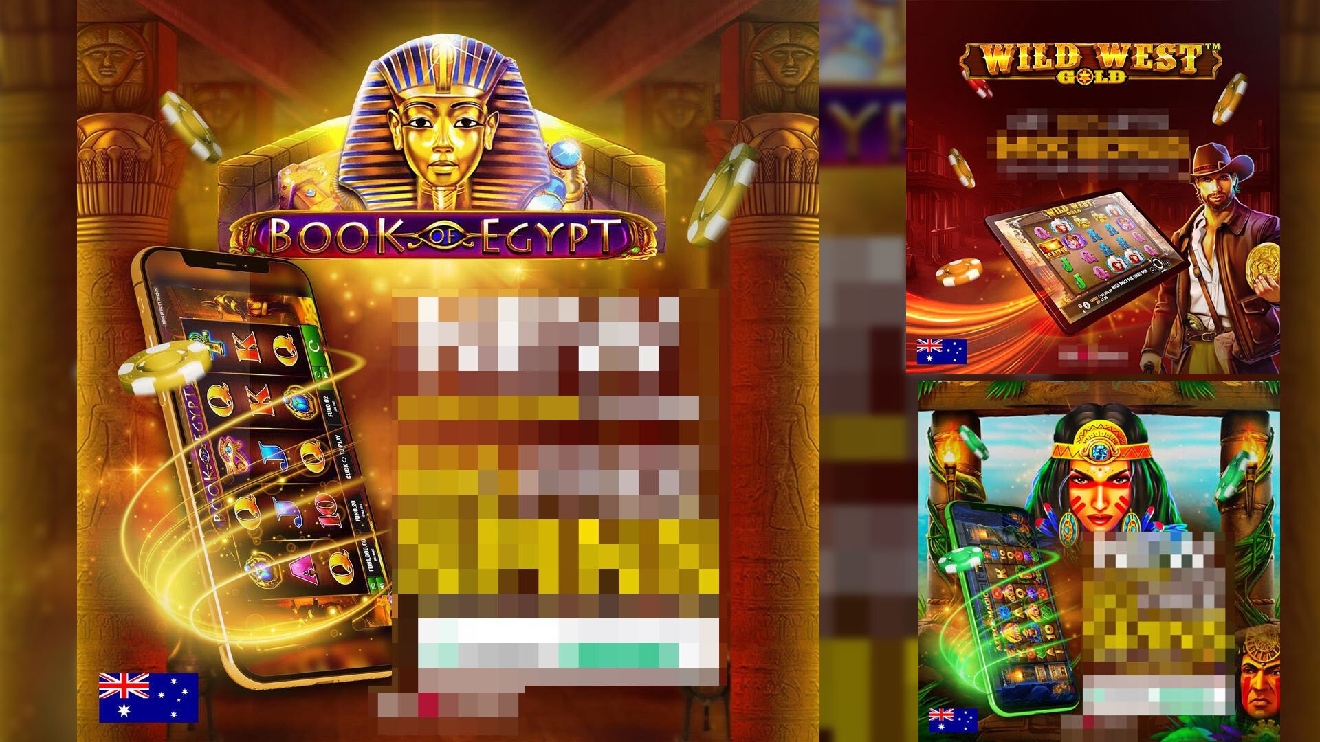 Animated graphic of Tutankamen, Wild West and Native Americans next to a phone to suggest online gambling