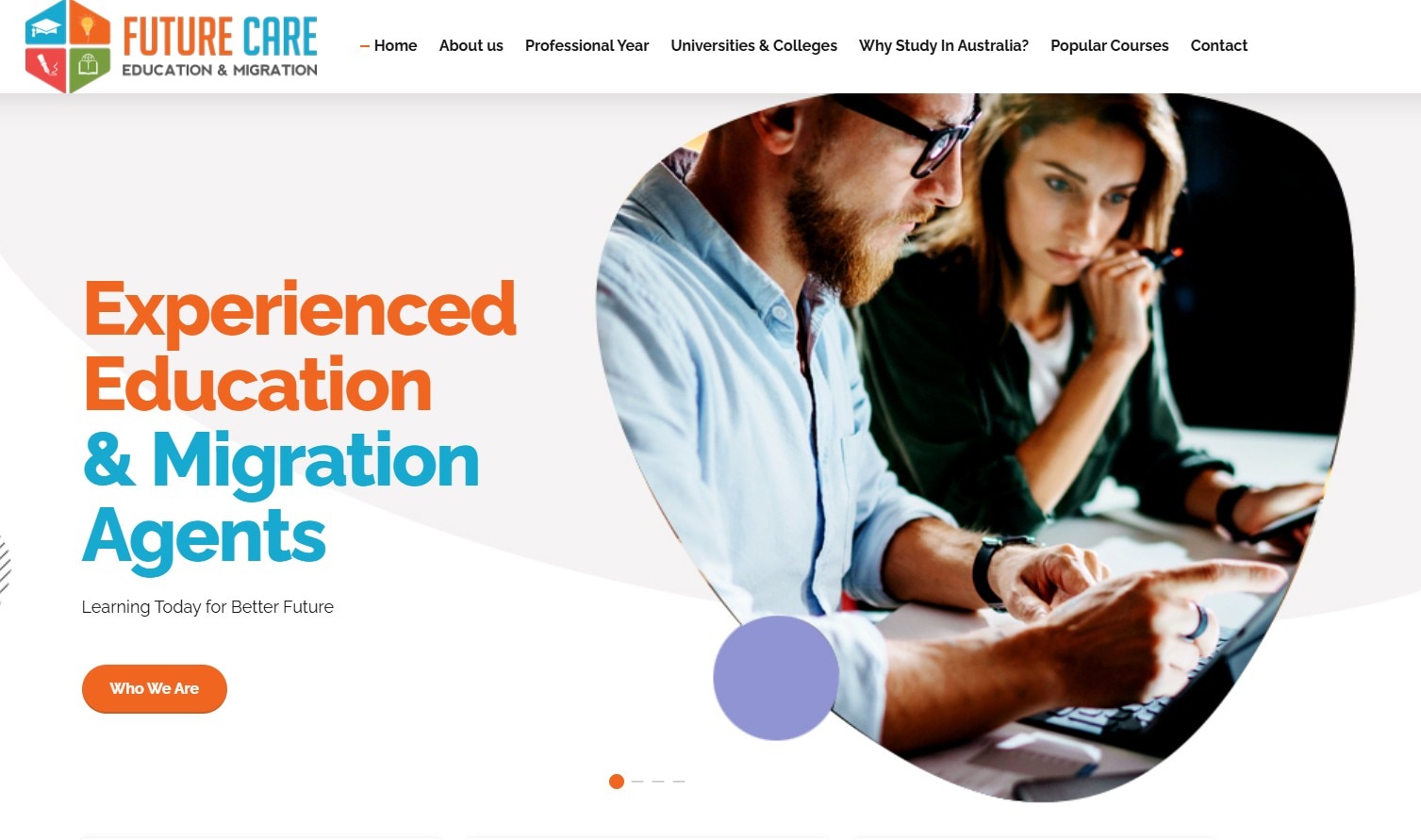 A website showing the text "experienced education & migration agents".