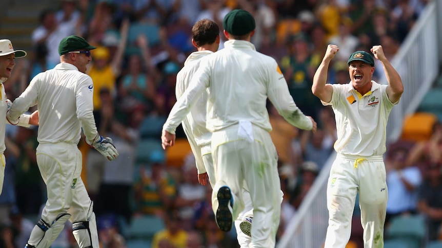 Australia's David Warner celebrates taking a catch to dismiss England's Matt Prior.