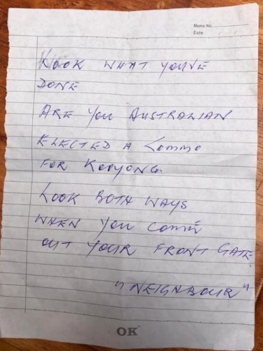 A handwritten letter angry about the election outcome in Kooyong says "look both ways when you come out your front gate".