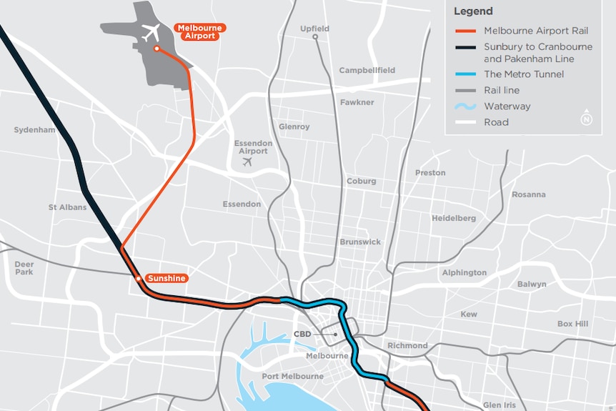 A map showing a train between the Melbourne airport and CBD through the western suburbs.
