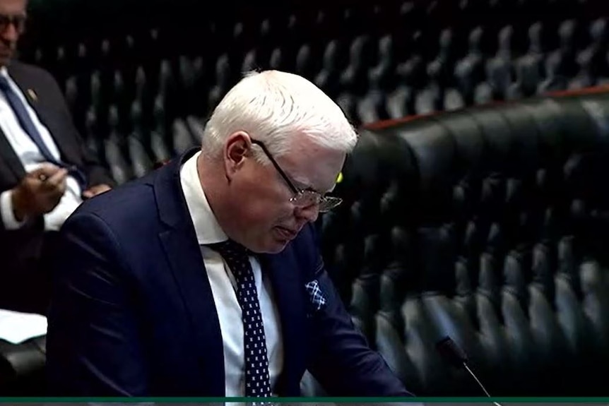 A man stands in NSW parliament, speaking at the dispatch box.