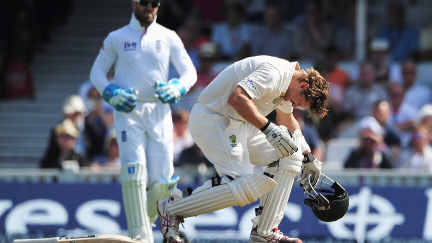 Shane Watson doubles over after being struck