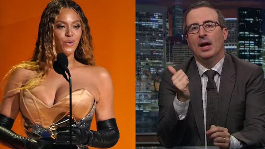 Side by side photo of Beyonce holding an award and John Oliver talking at a desk