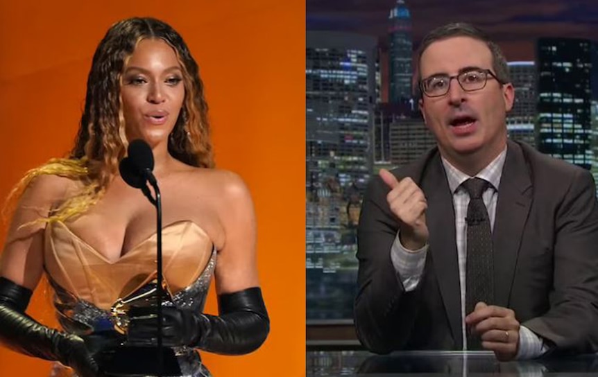 Side by side photo of Beyonce holding an award and John Oliver talking at a desk