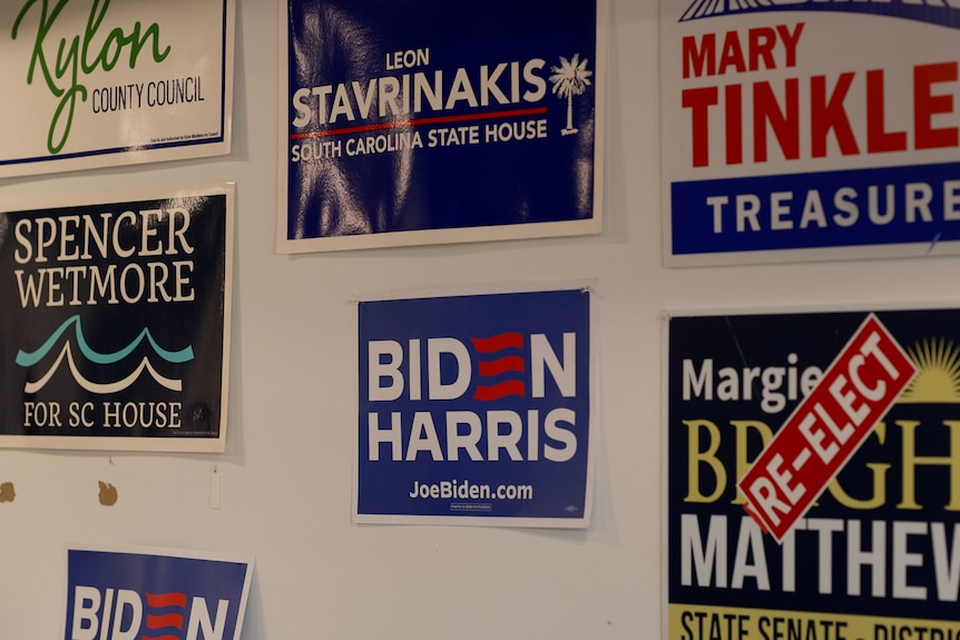 Posters at a phone bank for Joe Biden