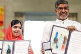 Malala Yousafzai and Kailash Satyarthi at the 2014 Nobel Peace Prize ceremony