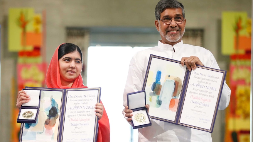 Malala Yousafzai and Kailash Satyarthi at the 2014 Nobel Peace Prize ceremony