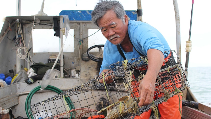 a  man shakes a crab out of a cage on a boat