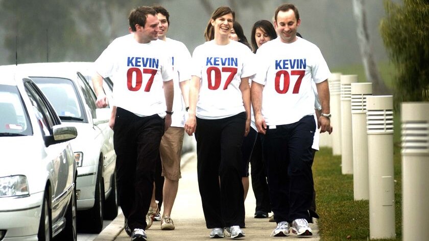 Website launch: ALP backbencher Kate Ellis, centre, leads staff members wearing Kevin 07 T-shirts
