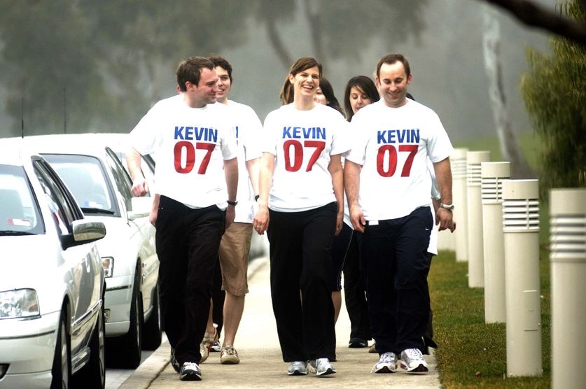 Website launch: ALP backbencher Kate Ellis, centre, leads staff members wearing Kevin 07 T-shirts