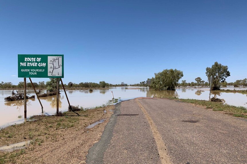 Floodwaters cut the road from Winton to Jundah on February 9, 2019.