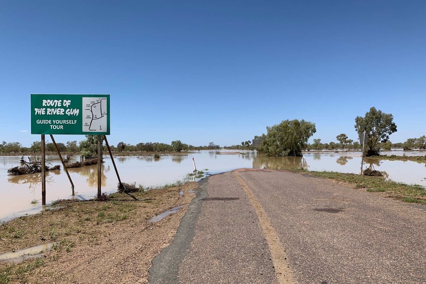 Floodwaters cut the road from Winton to Jundah on February 9, 2019.