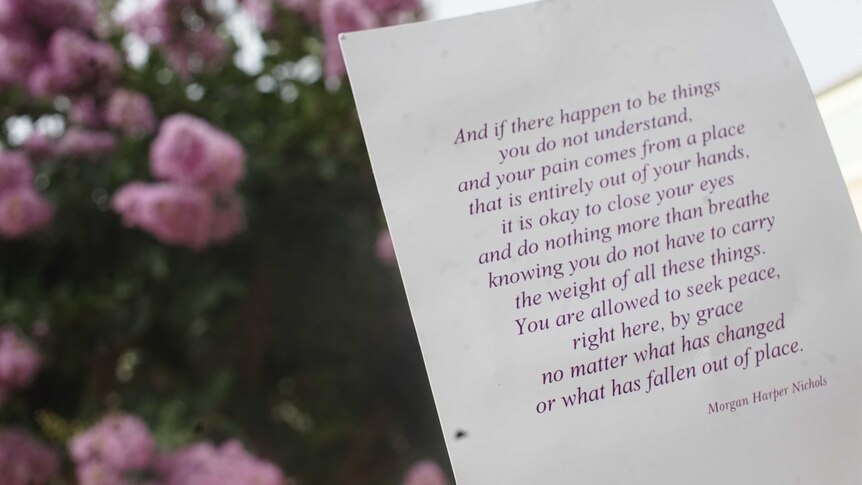 A letter is held up with purple writing on it, in front of a tree with purple flowers. It was written by Morgan Harper Nichols.