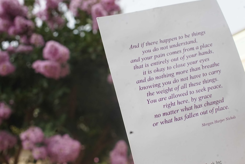 A letter is held up with purple writing on it, in front of a tree with purple flowers. It was written by Morgan Harper Nichols.