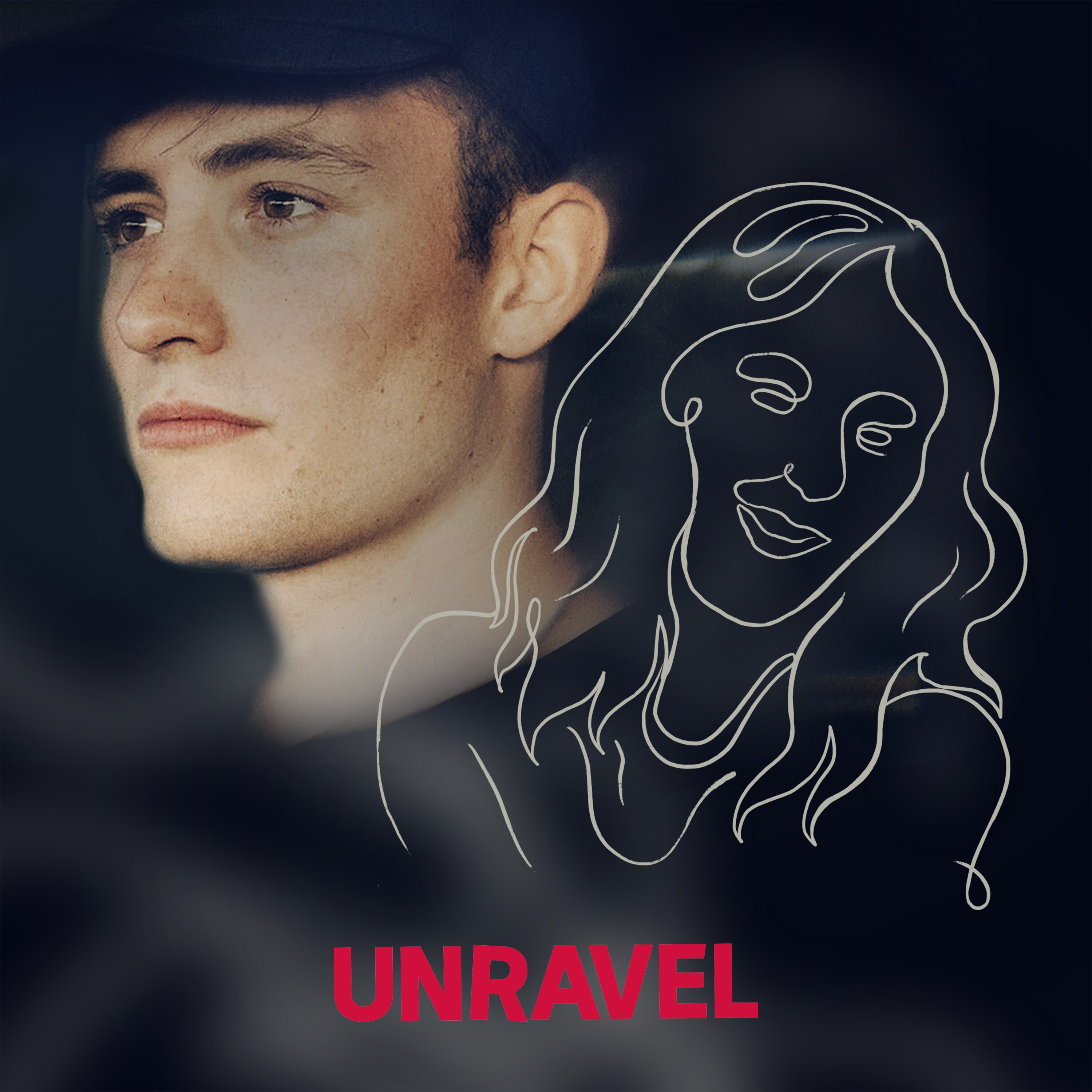 The face of a young man superimposed by an illustration of a woman's face