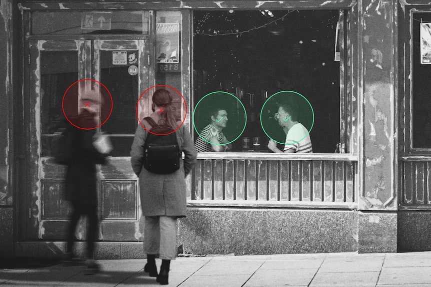 AM graphic of people inside a cafe and walking on the street is overlaid with crosses and ticks indicating vaccination status.
