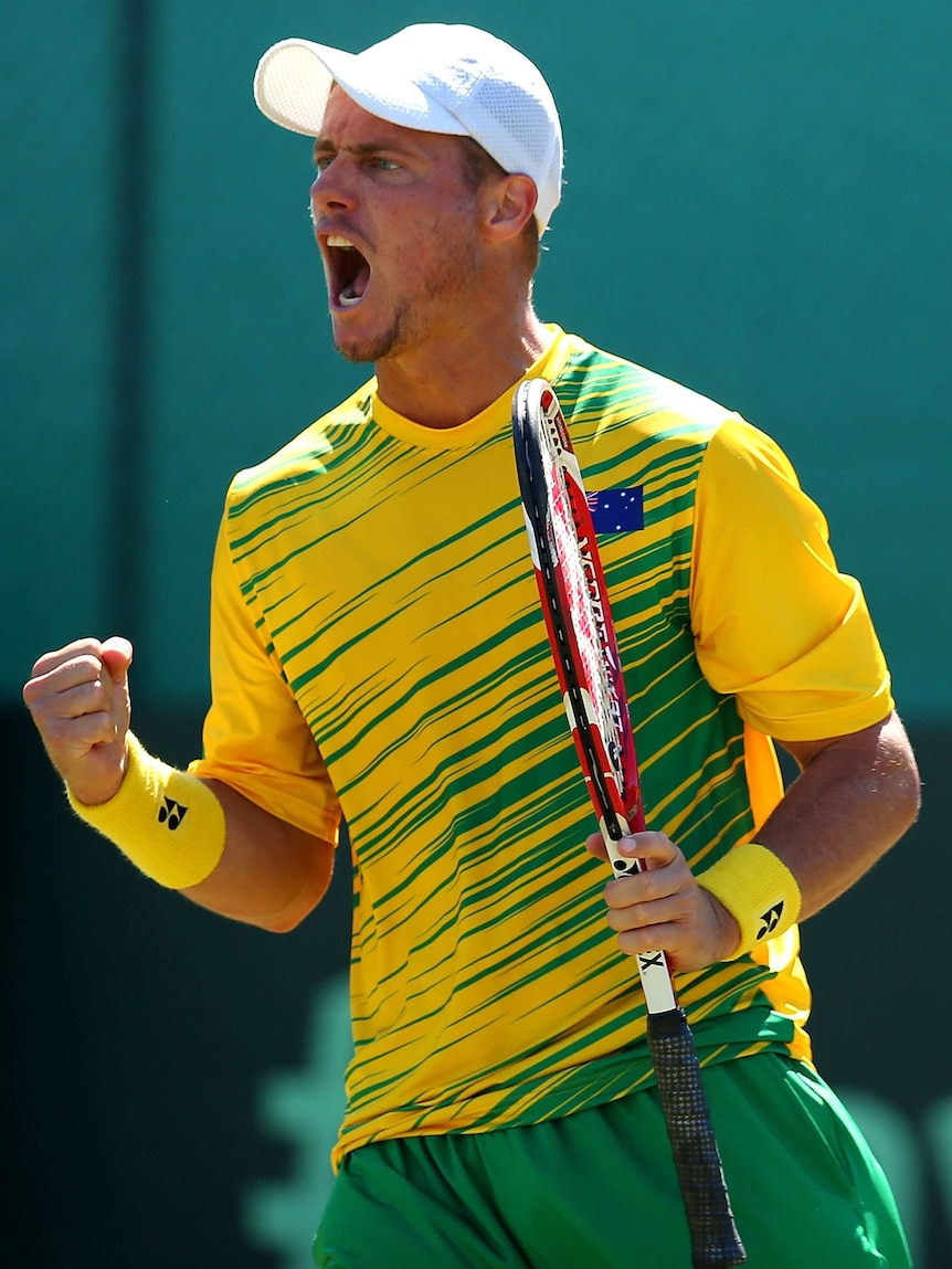 Lleyton Hewitt celebrates during his Davis Cup victory over Farrukh Dustov